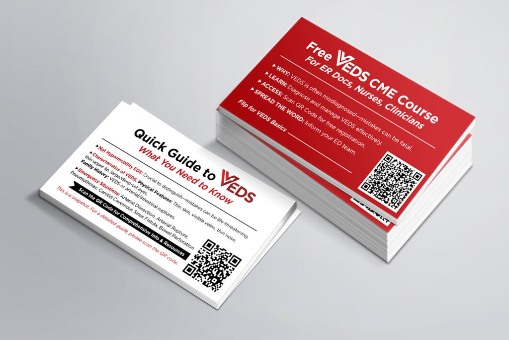 Two stacks of Physician Infocards. One stack has information regarding the free VEDS CME Course facing up, the other stack has a quick guide to VEDS facing up.