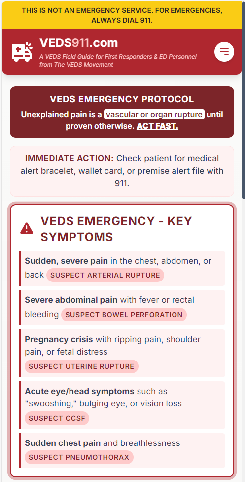 Screenshot of the VEDS911.com mobile website